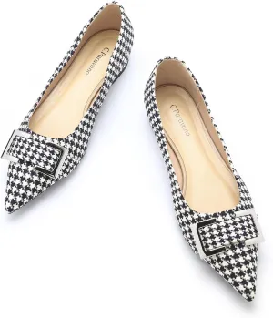 C.Paravano Pointed Toe Flats Women's Leather Ballet Flats with Square Metal Buckle for Work & Dressy Casual