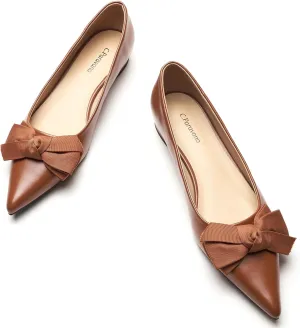 C.Paravano Pointy Bow Flats Women's Flats Ballet Shoes for Women（Brown,Size 7