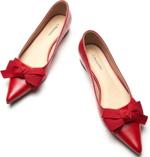 C.Paravano Pointy Bow Flats Women's Flats Ballet Shoes for Women（Red,Size 10.5
