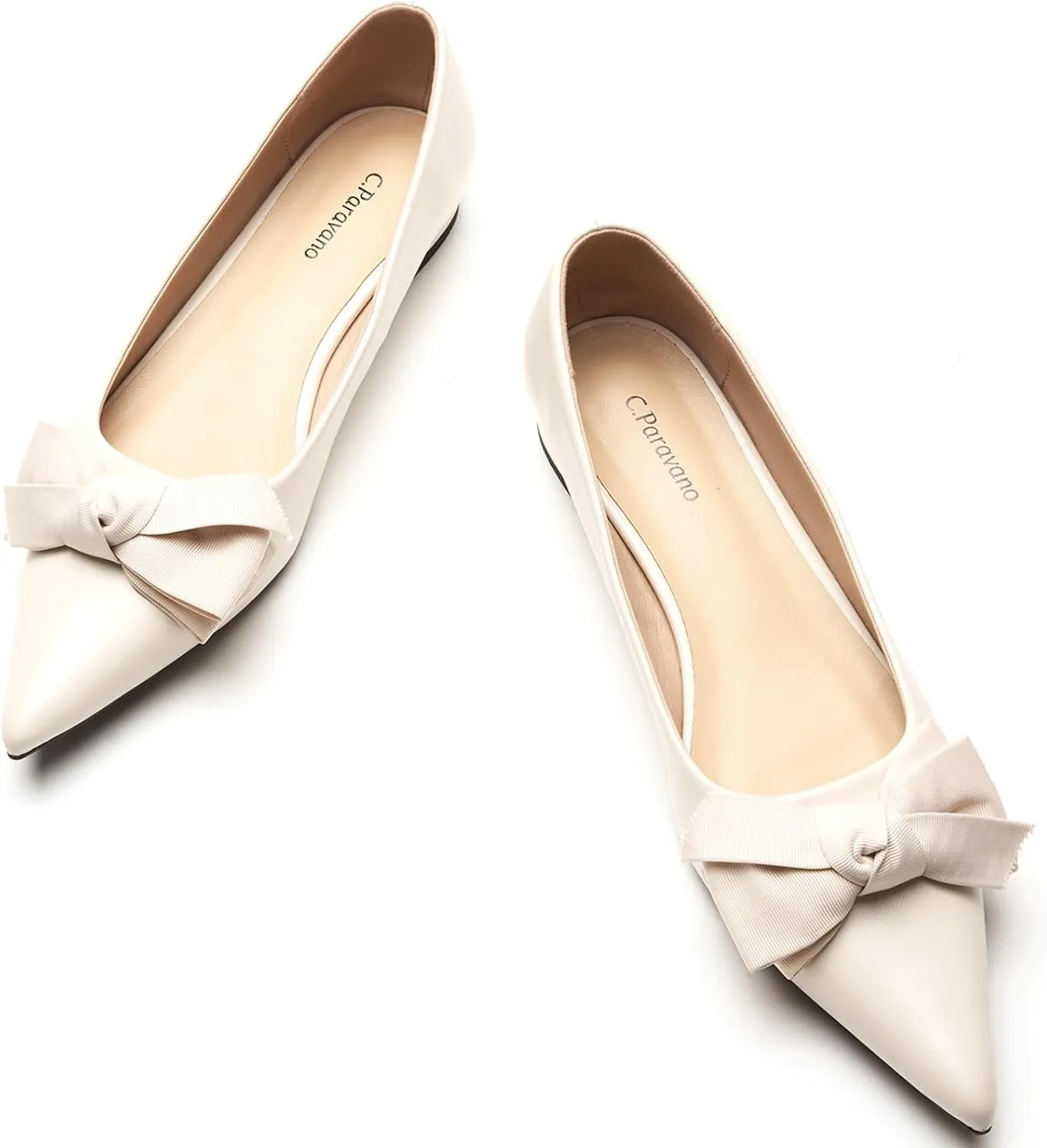 C.Paravano Pointy Bow Flats Women's Flats Ballet Shoes for Women（White,Size 9