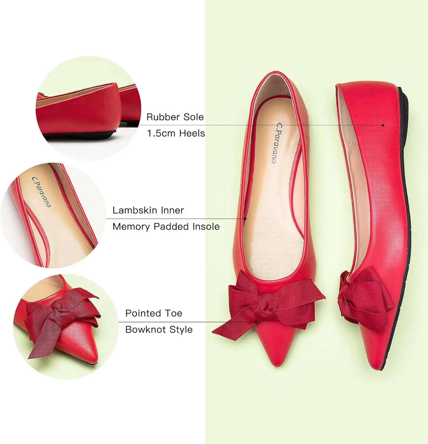 C.Paravano Pointy Bow Flats Women's Flats Comfortable Stylish Slip-On Shoes for Casual and Office