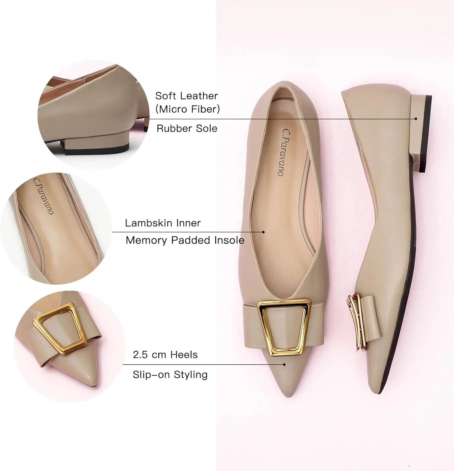C.Paravano Women’s Pointed Toe Ballet Flats with Metal Buckle | Slip-On Dressy Flats for Women | Comfortable Work Flats | Office, Party, Wedding, Casual Wear Lightweight Women’s Flat Shoes