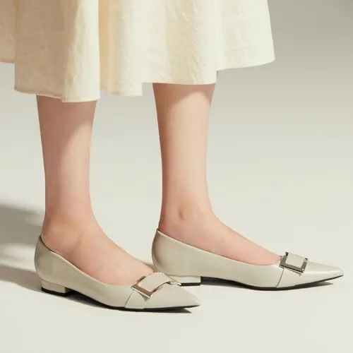 C.Paravano Women's Pointed Toe Flats | Soft Leather Ballet Shoes with Square Buckle | Comfortable Slip On Work Shoes | Dressy Flats for Office, Travel & Daily Wear
