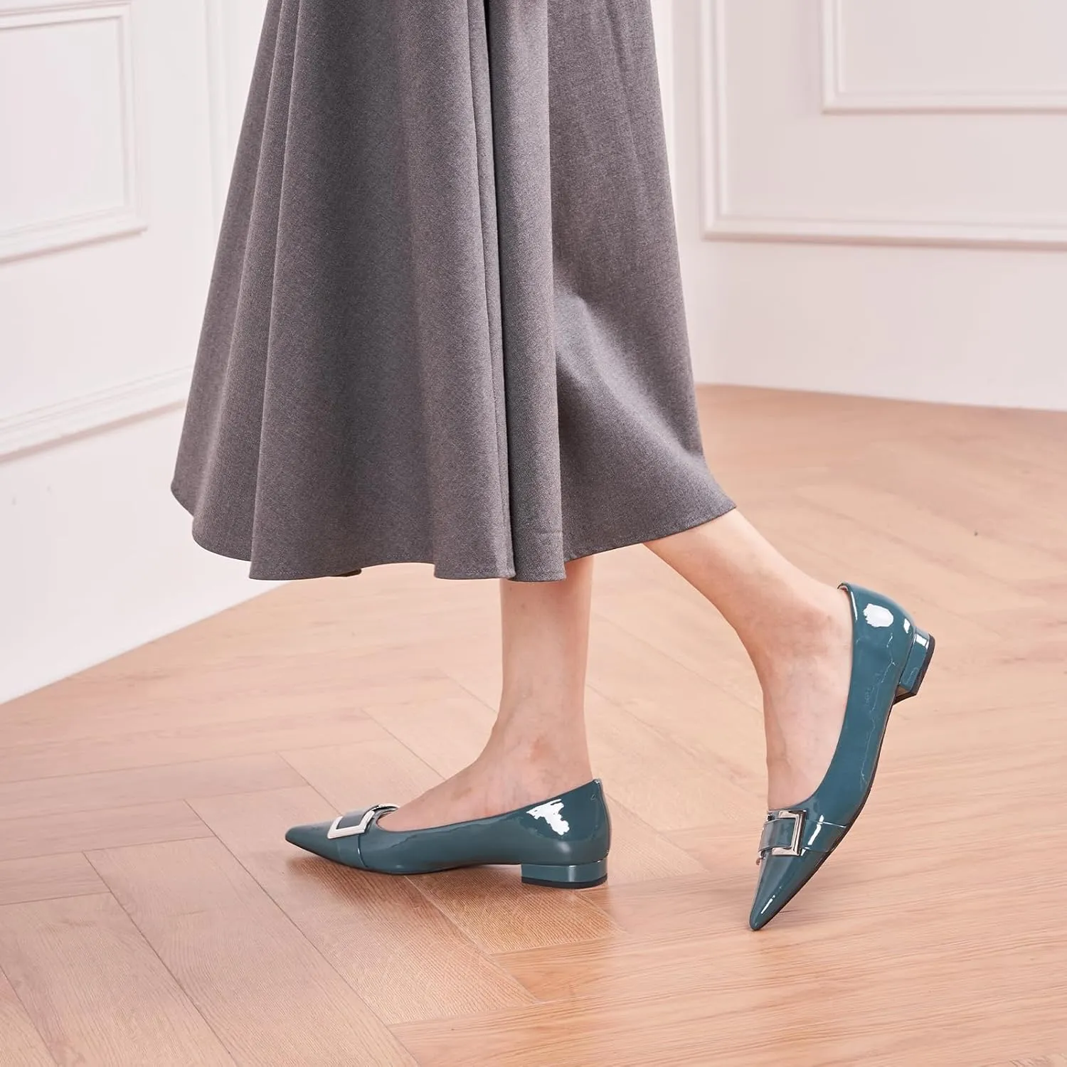 C.Paravano Women's Pointed Toe Flats | Soft Leather Ballet Shoes with Square Buckle | Comfortable Slip On Work Shoes | Dressy Flats for Office, Travel & Daily Wear