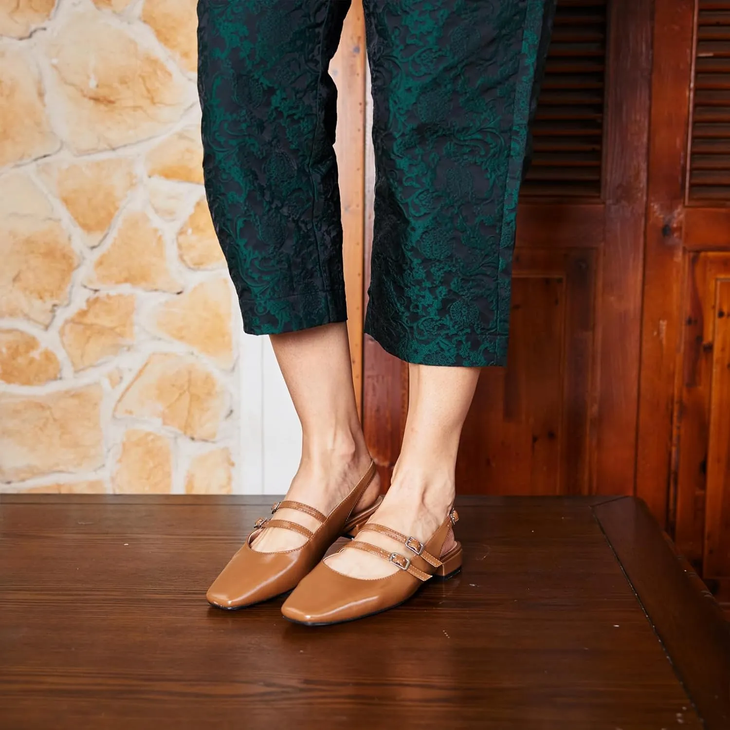 C.Paravano Women's Slingback Flats | Sandals Square Toe Dress Shoes | Adjustable Ankle Strap Flats for Office，Weddings & Cocktail Parties