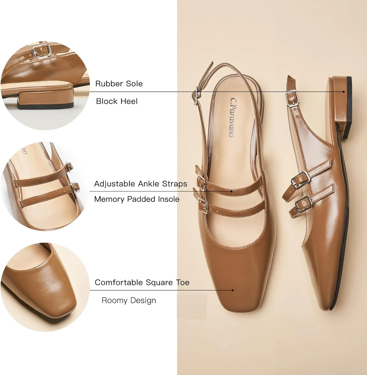 C.Paravano Women's Slingback Flats | Sandals Square Toe Dress Shoes | Adjustable Ankle Strap Flats for Office，Weddings & Cocktail Parties