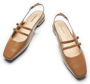 C.Paravano Women's Slingback Flats | Sandals Square Toe Dress Shoes | Adjustable Ankle Strap Flats for Office，Weddings & Cocktail Parties