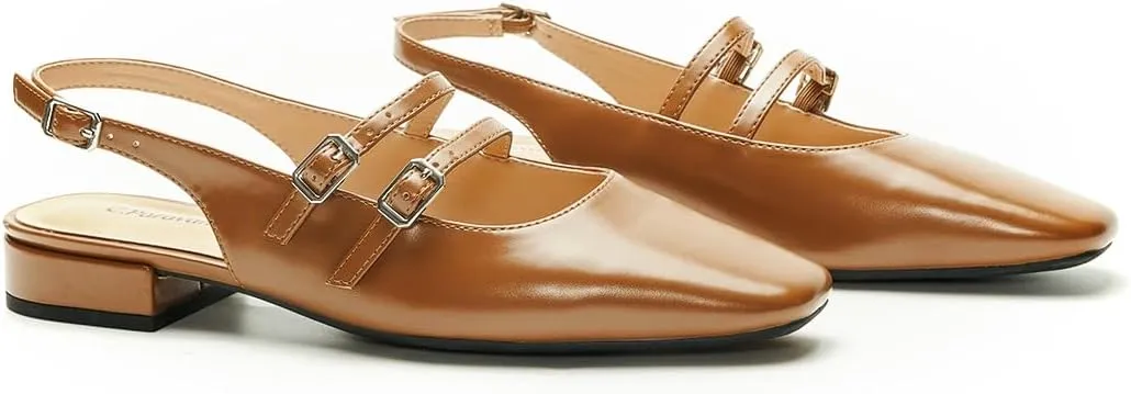 C.Paravano Women's Slingback Flats | Sandals Square Toe Dress Shoes | Adjustable Ankle Strap Flats for Office，Weddings & Cocktail Parties