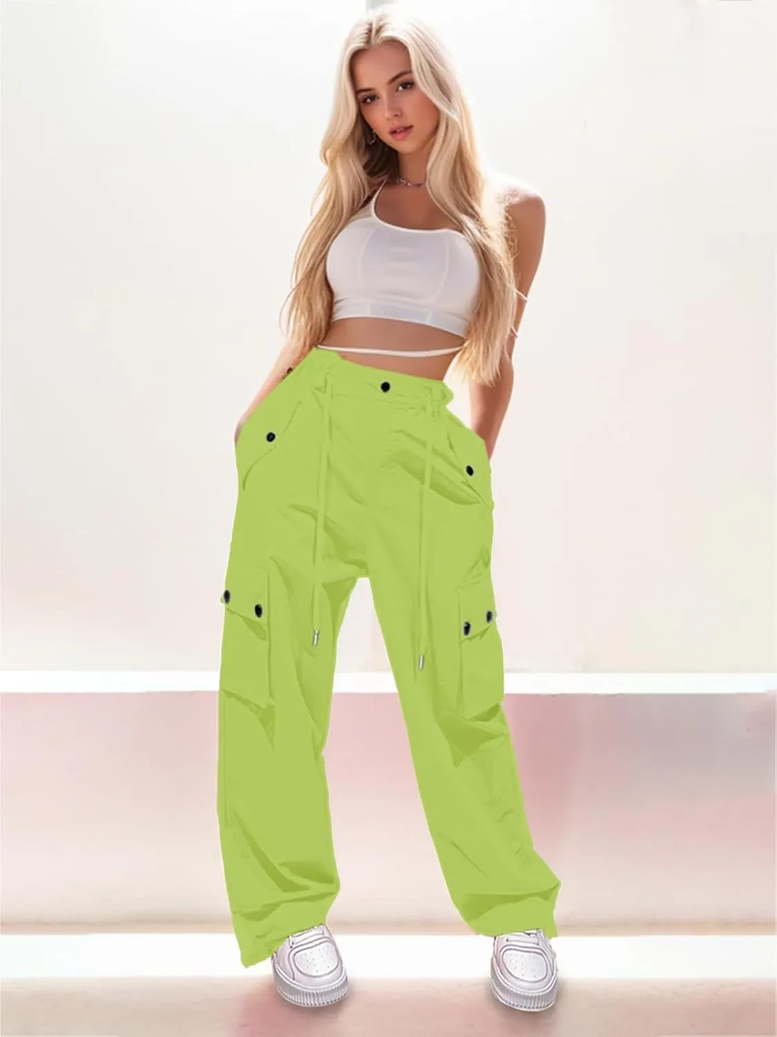 Cromoncent Girls & Womens High Waist Parachute Pants Y2K Waterproof Cargo Trousers with Pockets 6 Years-Women 3XL