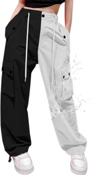 Cromoncent Girls & Womens High Waist Parachute Pants Y2K Waterproof Cargo Trousers with Pockets 6 Years-Women 3XL