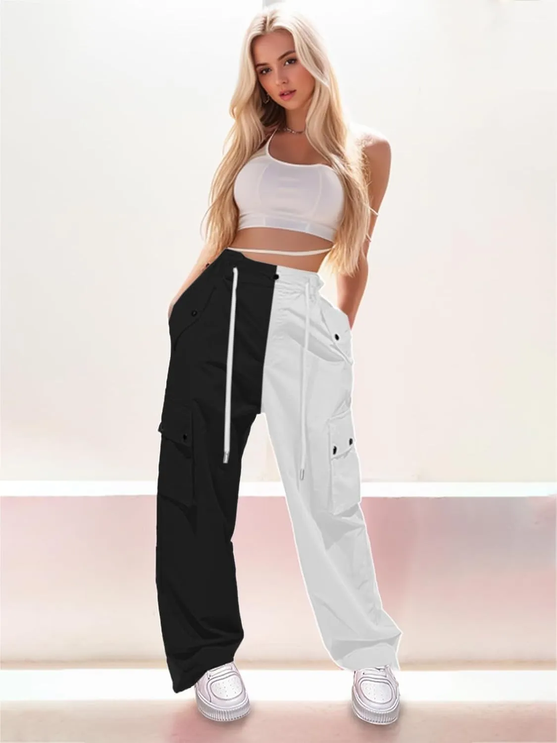 Cromoncent Girls & Womens High Waist Parachute Pants Y2K Waterproof Cargo Trousers with Pockets 6 Years-Women 3XL