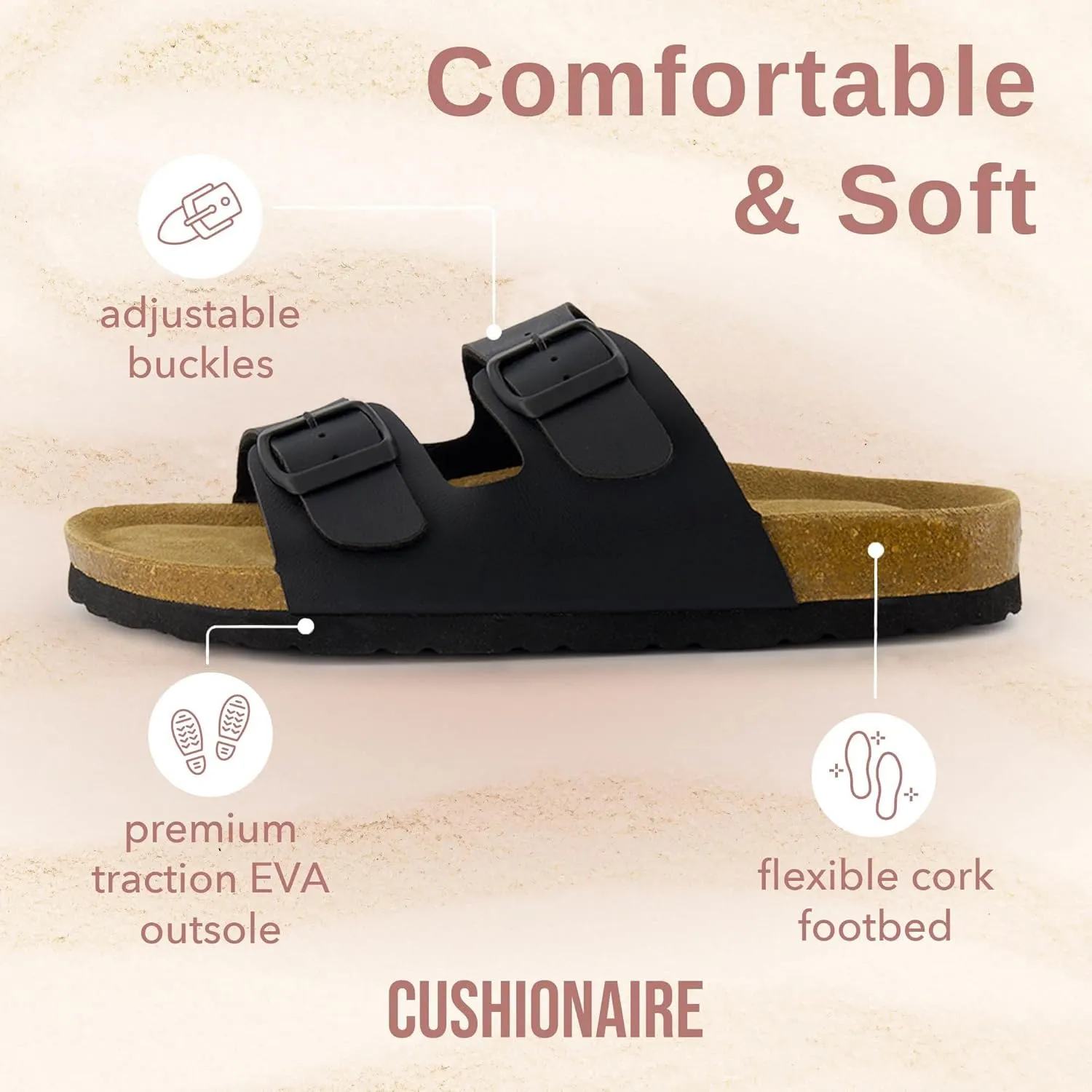 CUSHIONAIRE Lane Cork Footbed Sandals for Women – Comfortable Double Buckle Slip-On with Genuine Suede Footbed & Arch Support Slides for Women Footwear