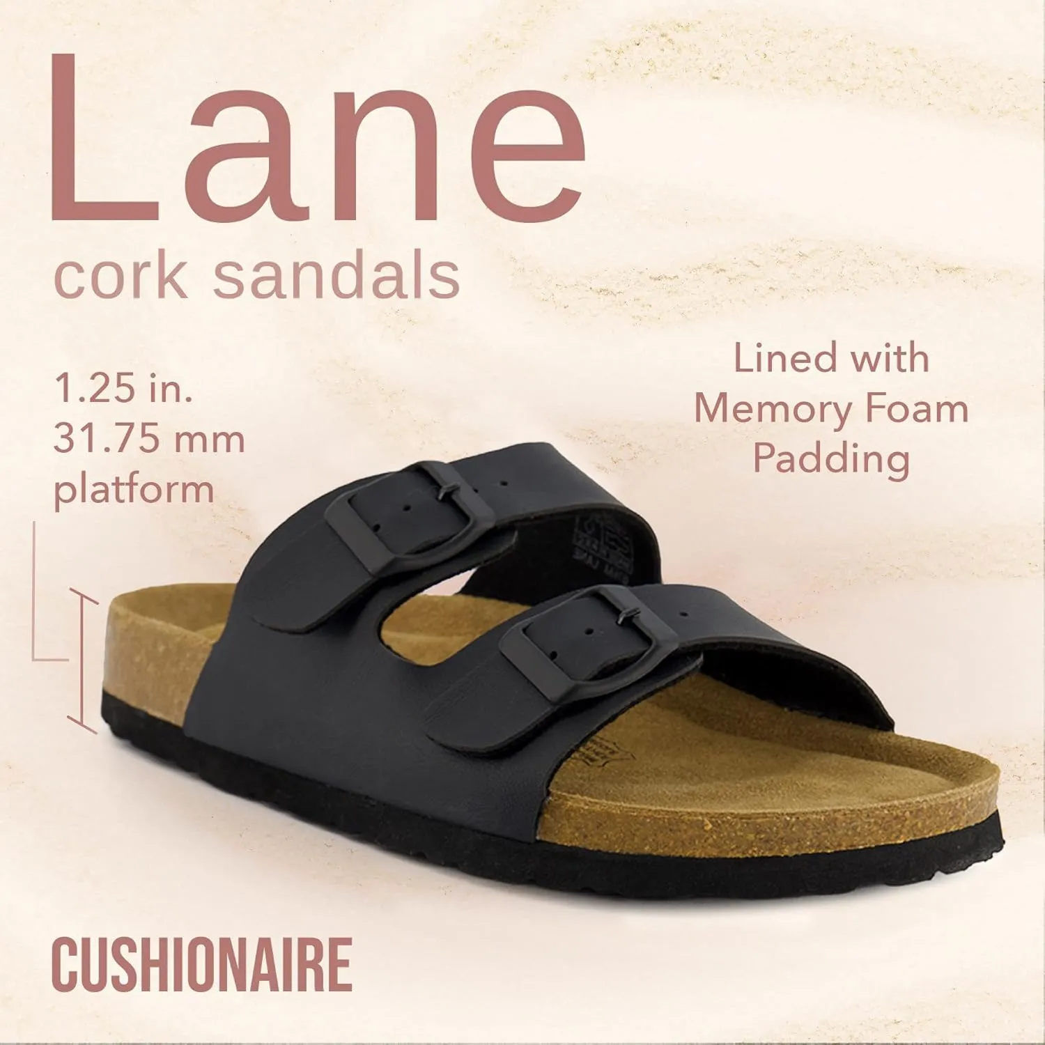 CUSHIONAIRE Lane Cork Footbed Sandals for Women – Comfortable Double Buckle Slip-On with Genuine Suede Footbed & Arch Support Slides for Women Footwear