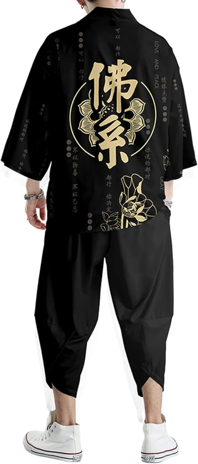 DOSLAVIDA Men's Japanese Kimono Jacket Set Stylish Open Front Coat With Shorts Chinese Style Printed Cardigan Suits