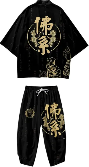 DOSLAVIDA Men's Japanese Kimono Jacket Set Stylish Open Front Coat With Shorts Chinese Style Printed Cardigan Suits