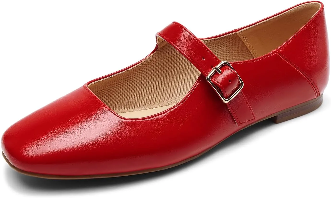 DREAM PAIRS Women's Flats Square Toe Mary Jane Flats Comfortable Casual Slip On Dress Shoes Ballet Flats with Buckle Strap Casual Work Office Mary Jane Shoes
