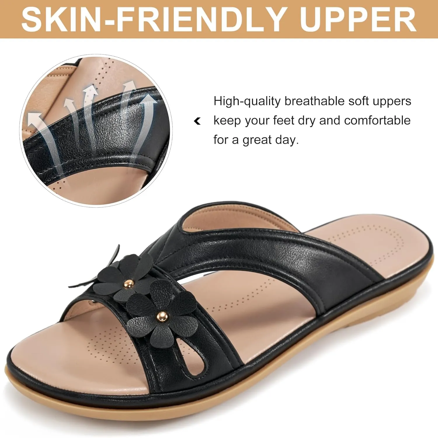 Ecetana Womens Sandals 2025 Comfortable Dressy Summer Beach Slides Lightweight Memory Foam Slip On Flat Shoes