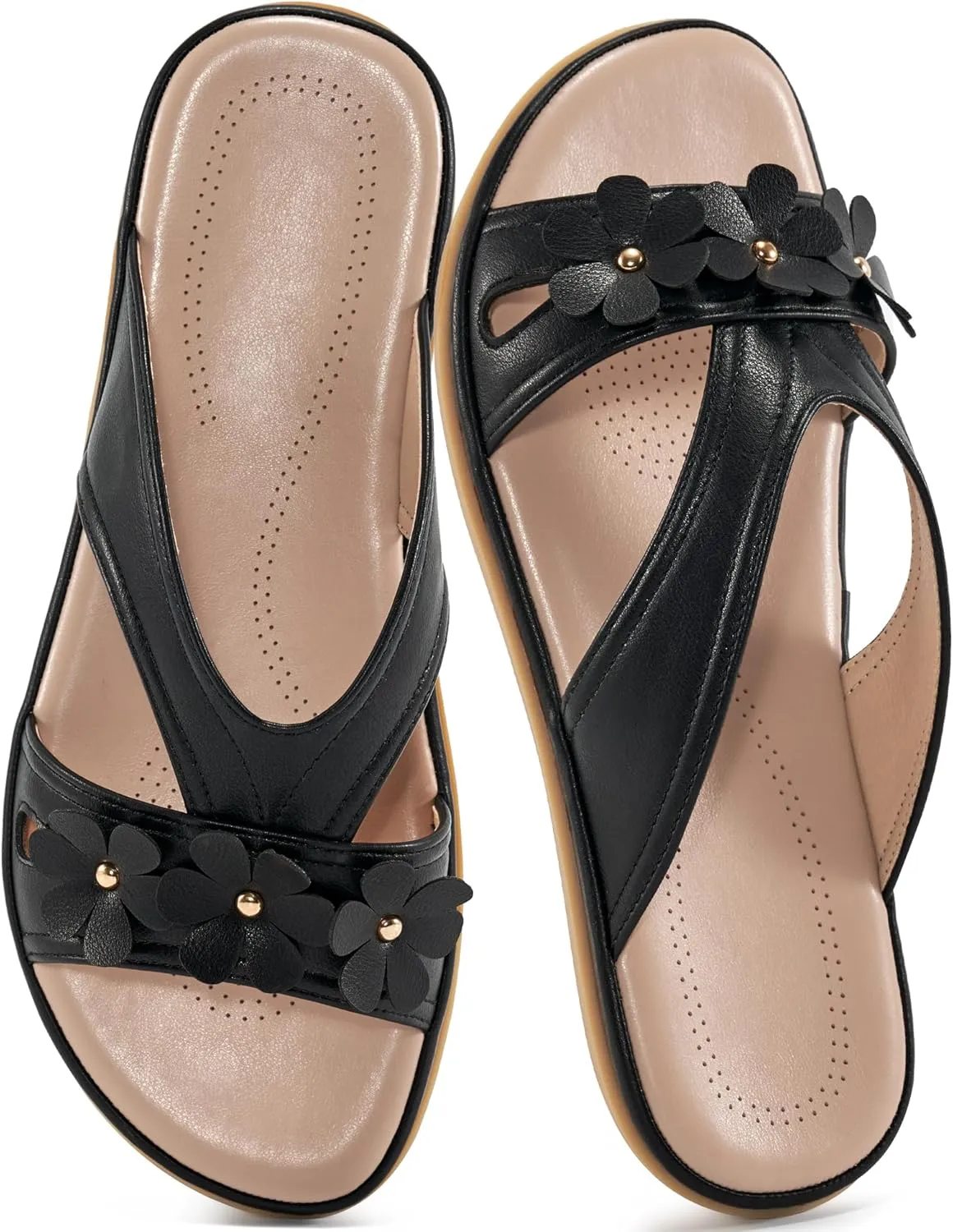 Ecetana Womens Sandals 2025 Comfortable Dressy Summer Beach Slides Lightweight Memory Foam Slip On Flat Shoes