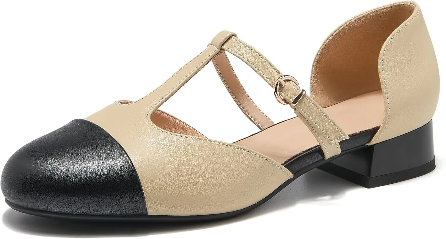 ErikenUrben Women Closed Toe T-Strap Ballerina Flats Bicolor Hollow Out Low Heels Two Toe