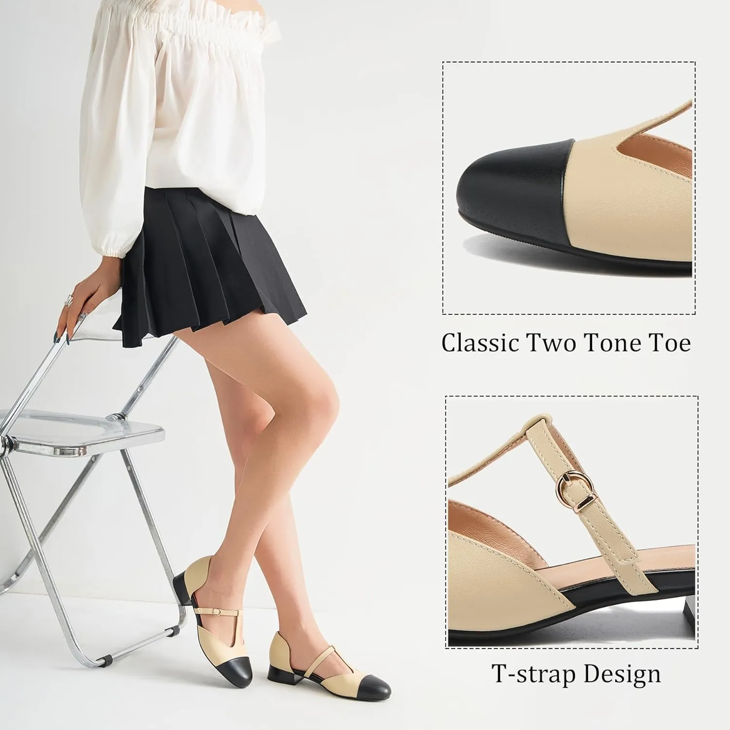 ErikenUrben Women Closed Toe T-Strap Ballerina Flats Bicolor Hollow Out Low Heels Two Toe