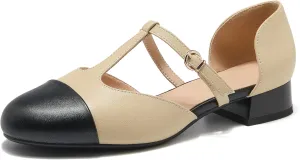 ErikenUrben Women Closed Toe T-Strap Ballerina Flats Bicolor Hollow Out Low Heels Two Toe