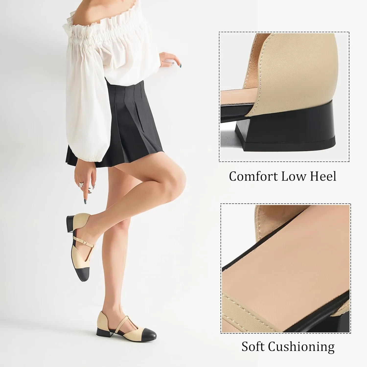 ErikenUrben Women Closed Toe T-Strap Ballerina Flats Bicolor Hollow Out Low Heels Two Toe