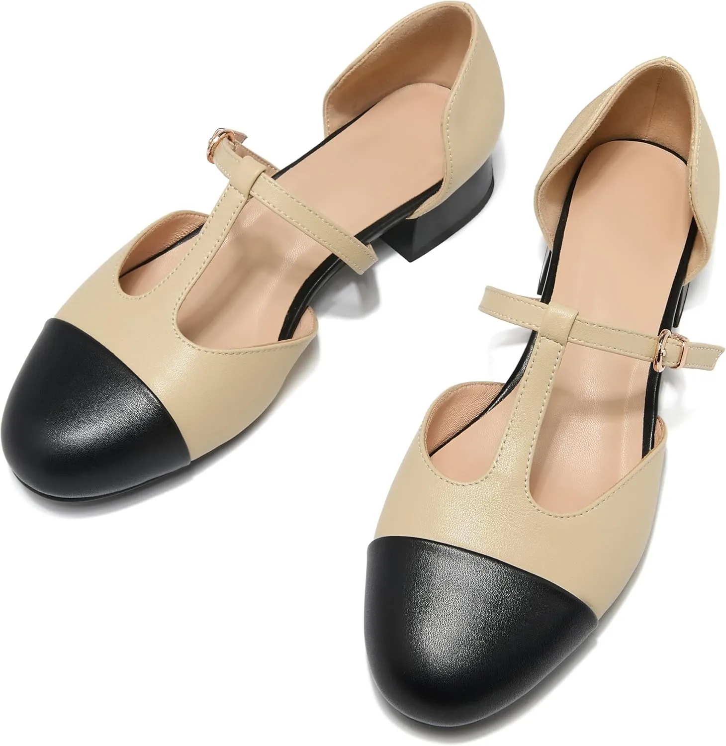 ErikenUrben Women Closed Toe T-Strap Ballerina Flats Bicolor Hollow Out Low Heels Two Toe