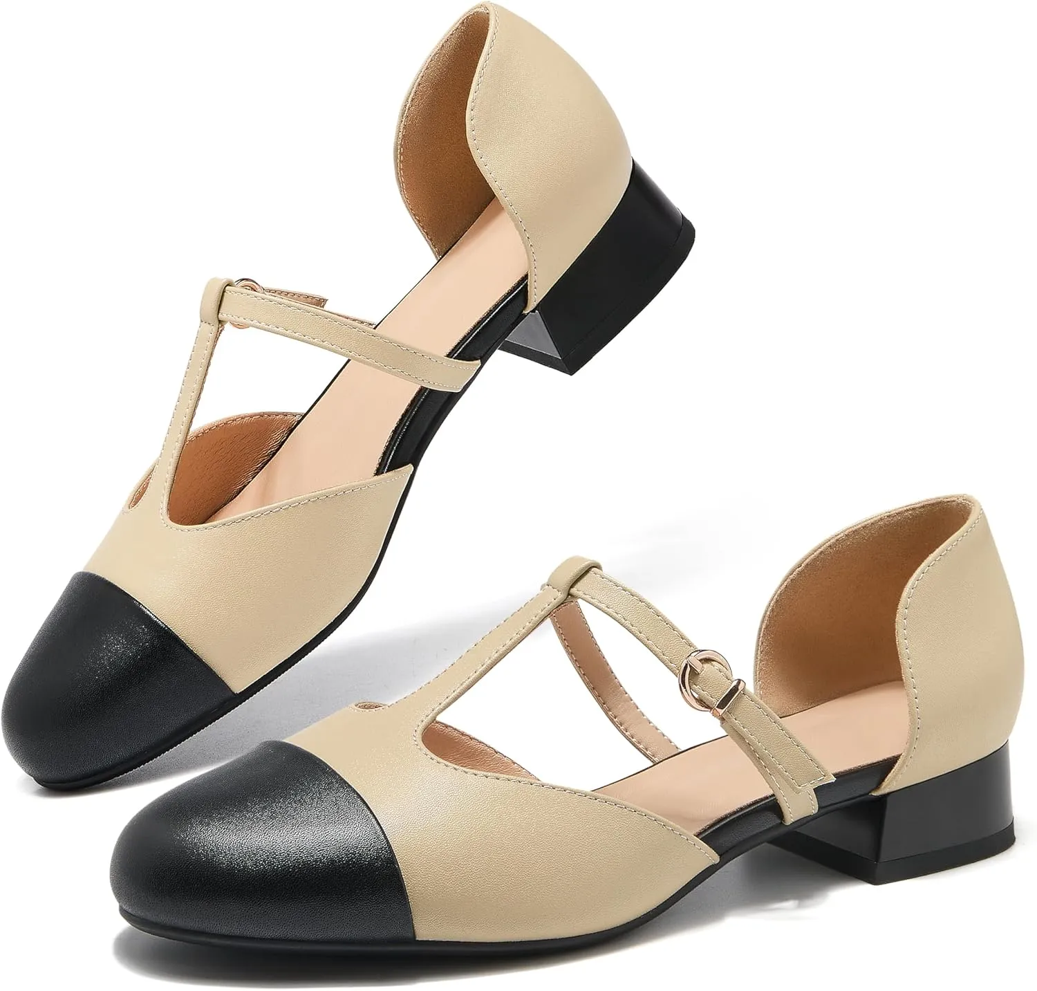 ErikenUrben Women Closed Toe T-Strap Ballerina Flats Bicolor Hollow Out Low Heels Two Toe