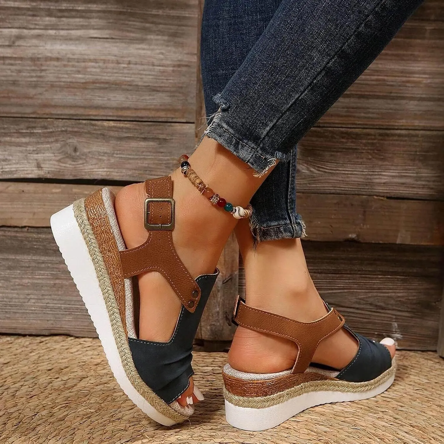 Espadrilles Wedges for Women, 2025 Closed Toe Wedges for Women, Comfortable Anti Slip Summer Orthopedic Platform Sandals Casual Strappy Slip on Flat Ankle Strap Sandals Comfortable Outdoor Shoes