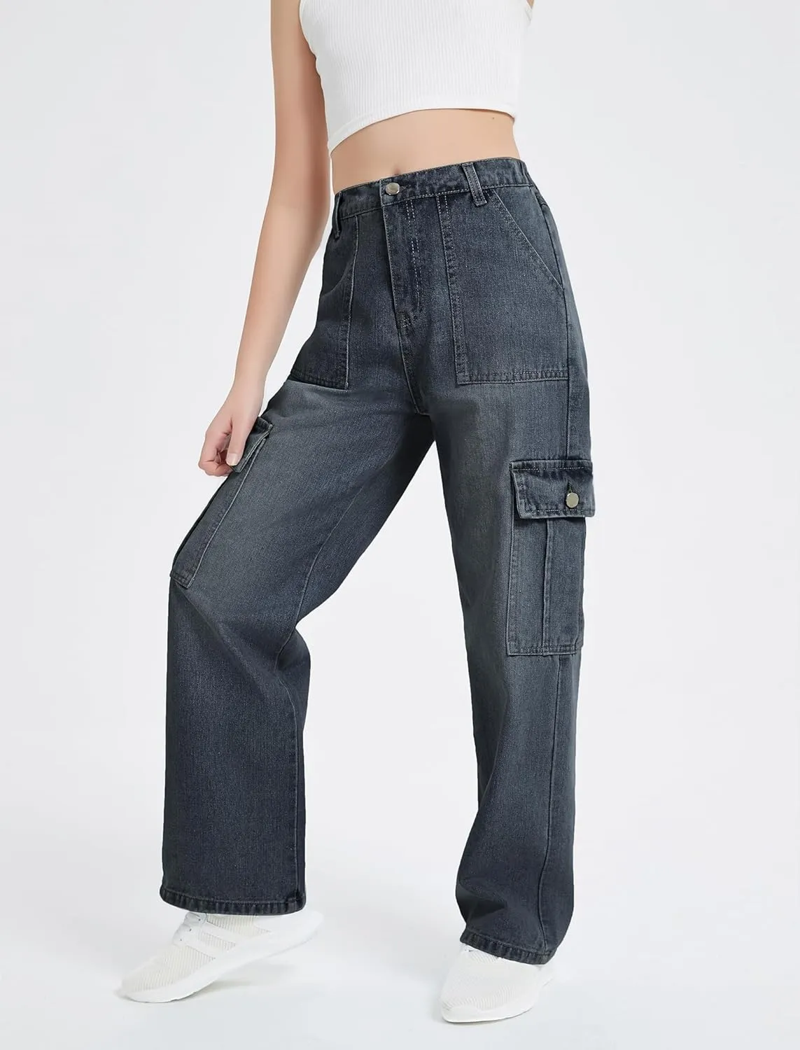 EXARUS Girls Jeans Cargo Pants Baggy Wide Leg High Elastic Waistband Kids Straight Denim Pant with Pockets Youth 8-14Y