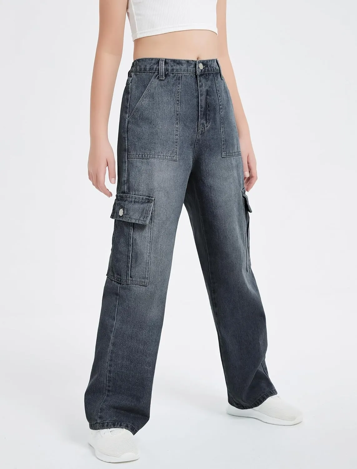 EXARUS Girls Jeans Cargo Pants Baggy Wide Leg High Elastic Waistband Kids Straight Denim Pant with Pockets Youth 8-14Y