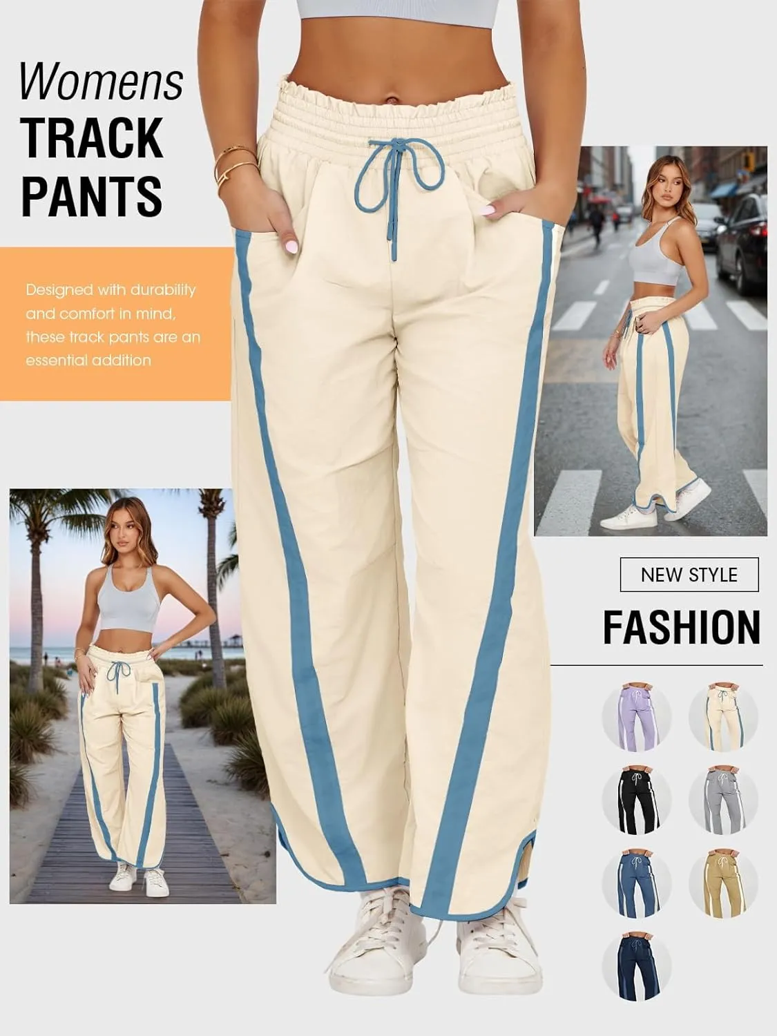 Fisoew Women's Baggy Wide Leg Pants Casual Drawstring Elastic Waisted Contrast Color Workout Y2K Track Pants