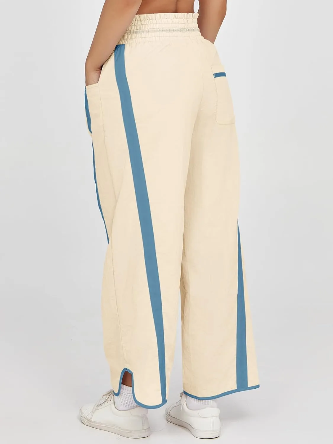 Fisoew Women's Baggy Wide Leg Pants Casual Drawstring Elastic Waisted Contrast Color Workout Y2K Track Pants