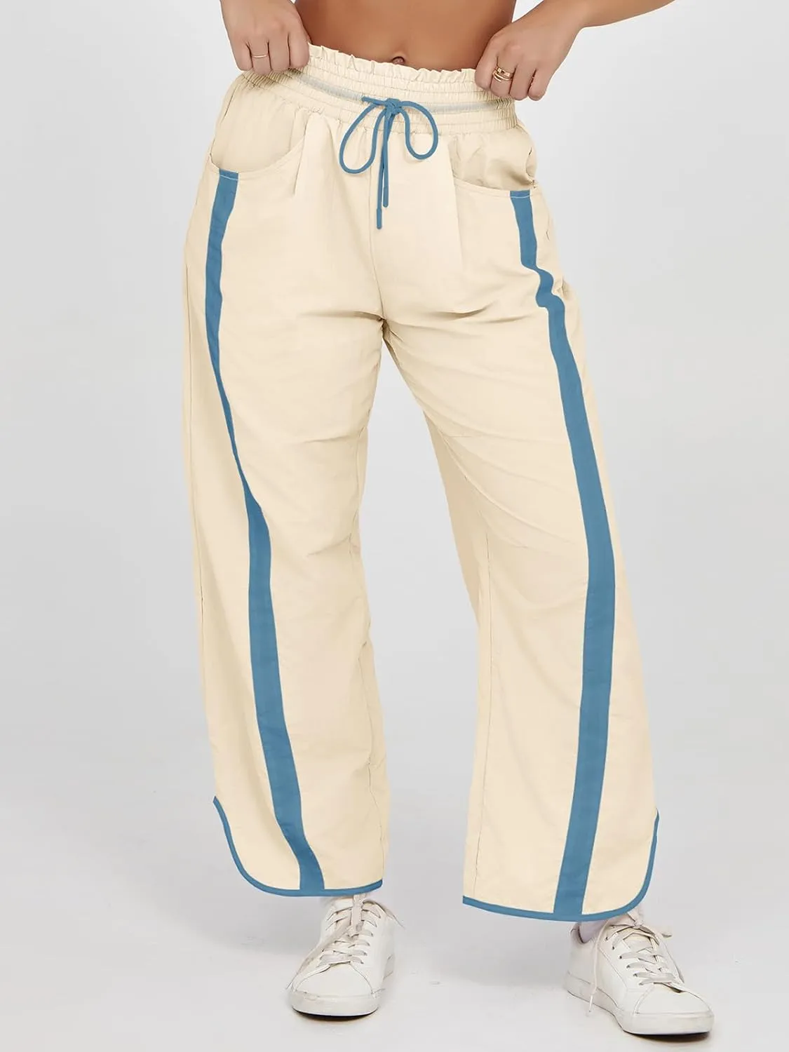 Fisoew Women's Baggy Wide Leg Pants Casual Drawstring Elastic Waisted Contrast Color Workout Y2K Track Pants