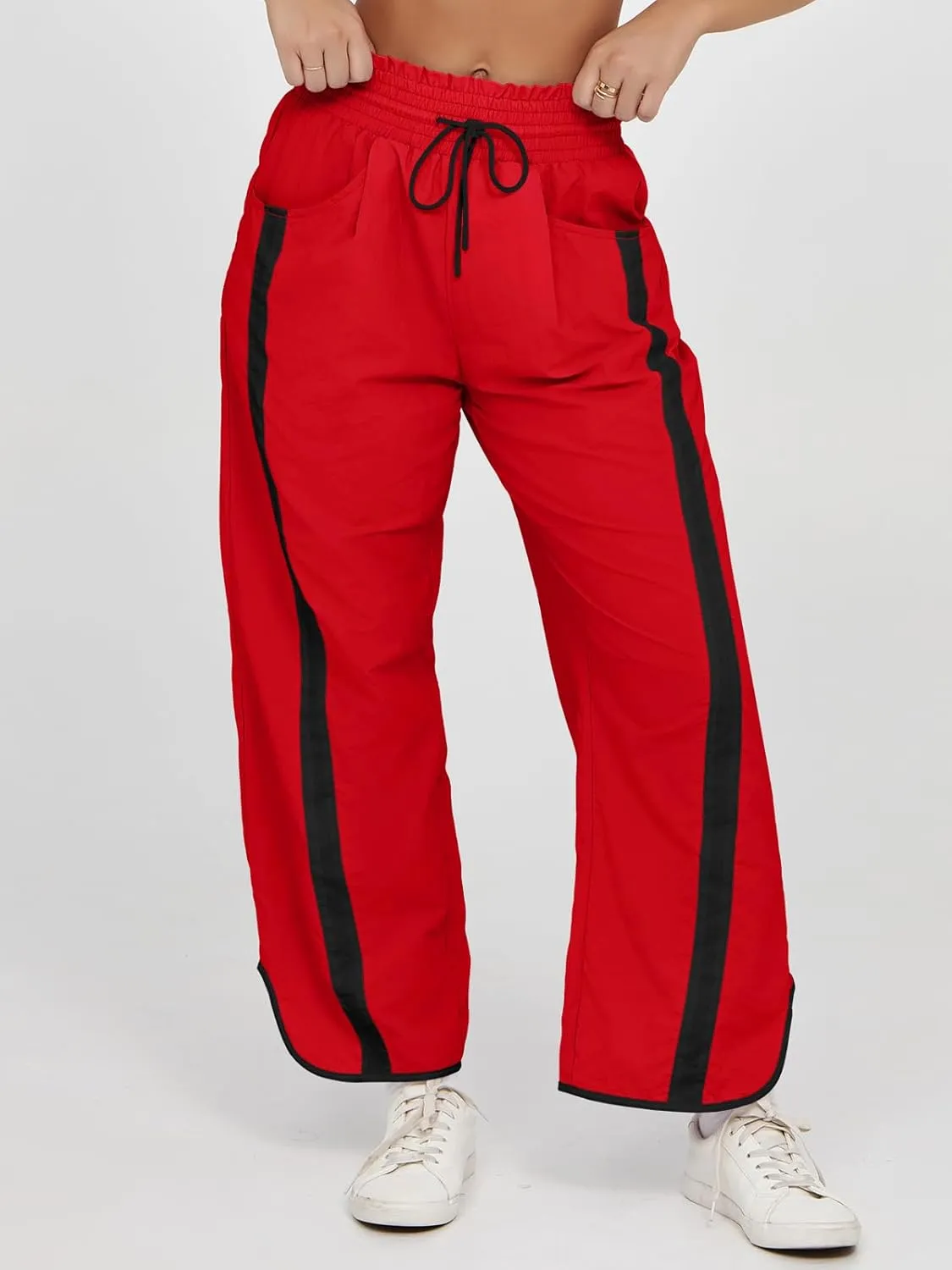 Fisoew Women's Baggy Wide Leg Pants Casual Drawstring Elastic Waisted Contrast Color Workout Y2K Track Pants