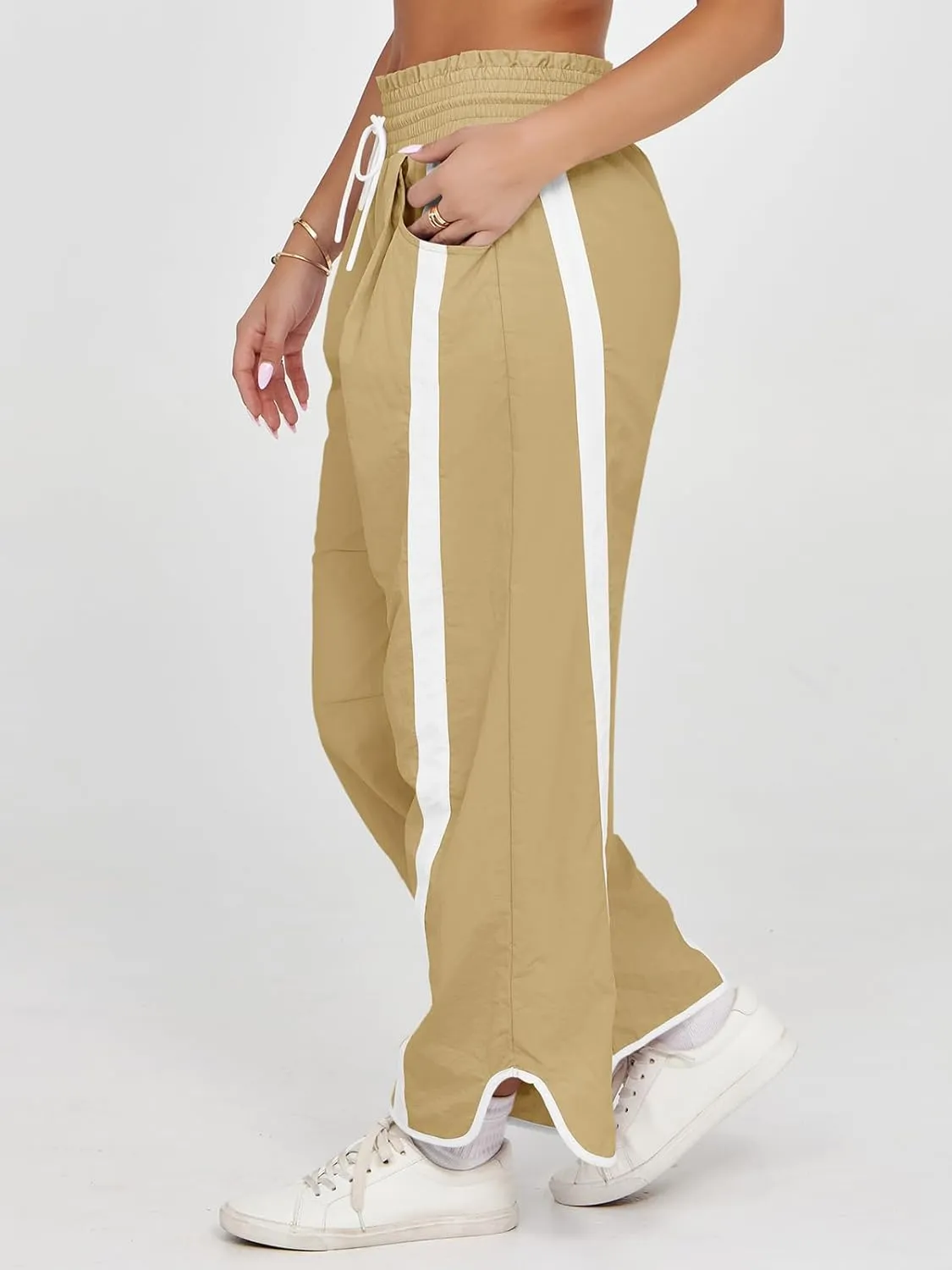 Fisoew Women's Baggy Wide Leg Pants Casual Drawstring Elastic Waisted Contrast Color Workout Y2K Track Pants