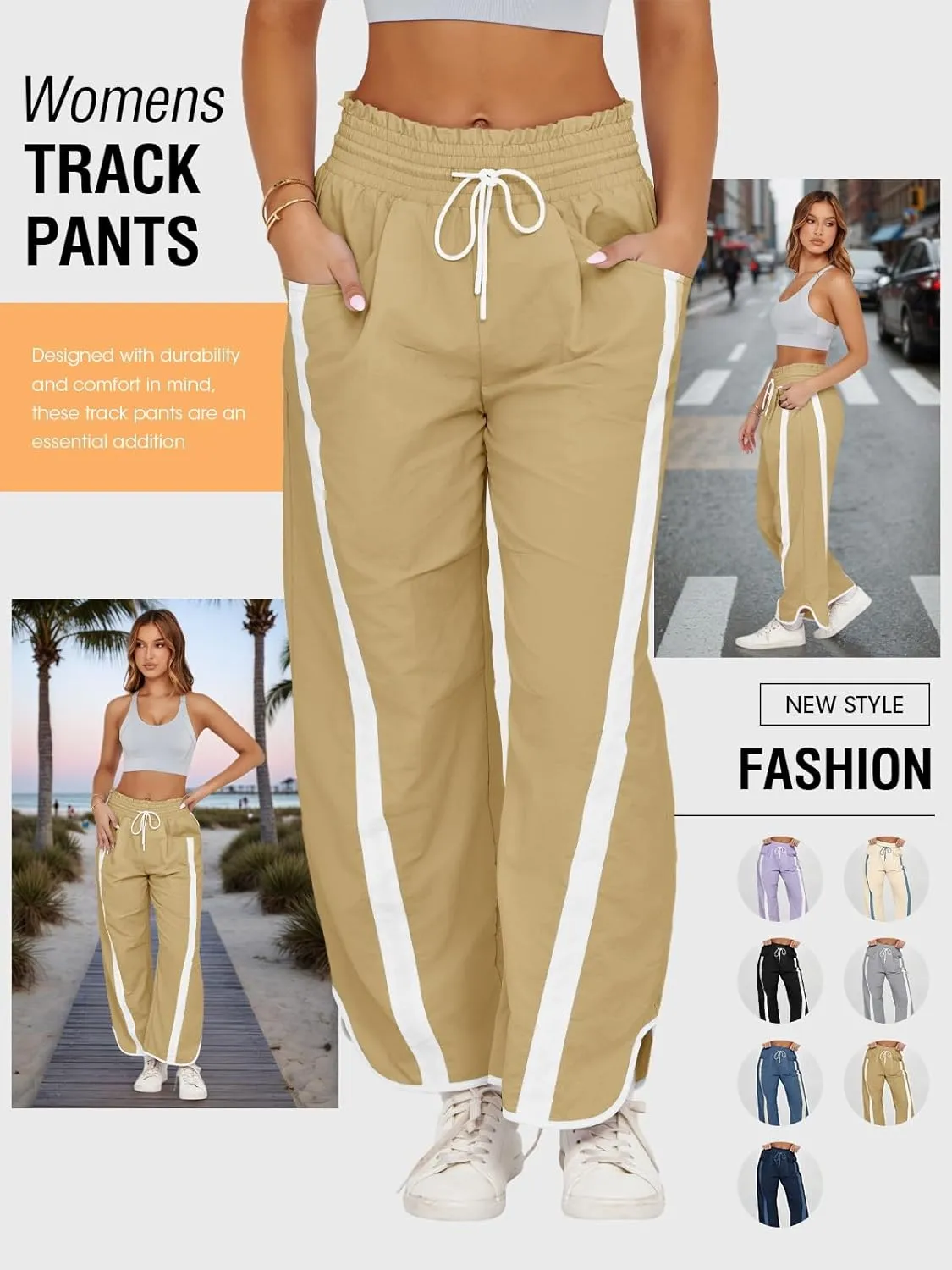 Fisoew Women's Baggy Wide Leg Pants Casual Drawstring Elastic Waisted Contrast Color Workout Y2K Track Pants