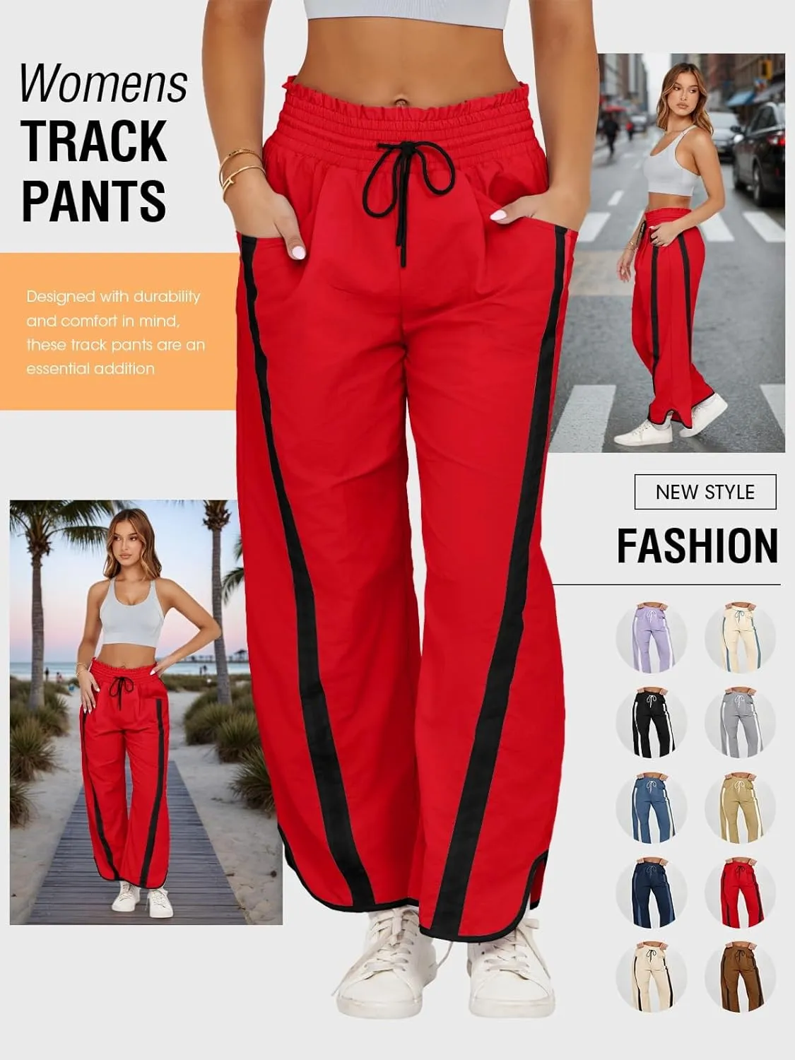 Fisoew Women's Baggy Wide Leg Pants Casual Drawstring Elastic Waisted Contrast Color Workout Y2K Track Pants