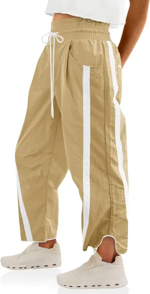 Fisoew Women's Baggy Wide Leg Pants Casual Drawstring Elastic Waisted Contrast Color Workout Y2K Track Pants