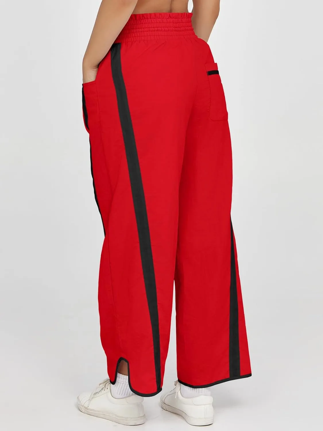 Fisoew Women's Baggy Wide Leg Pants Casual Drawstring Elastic Waisted Contrast Color Workout Y2K Track Pants