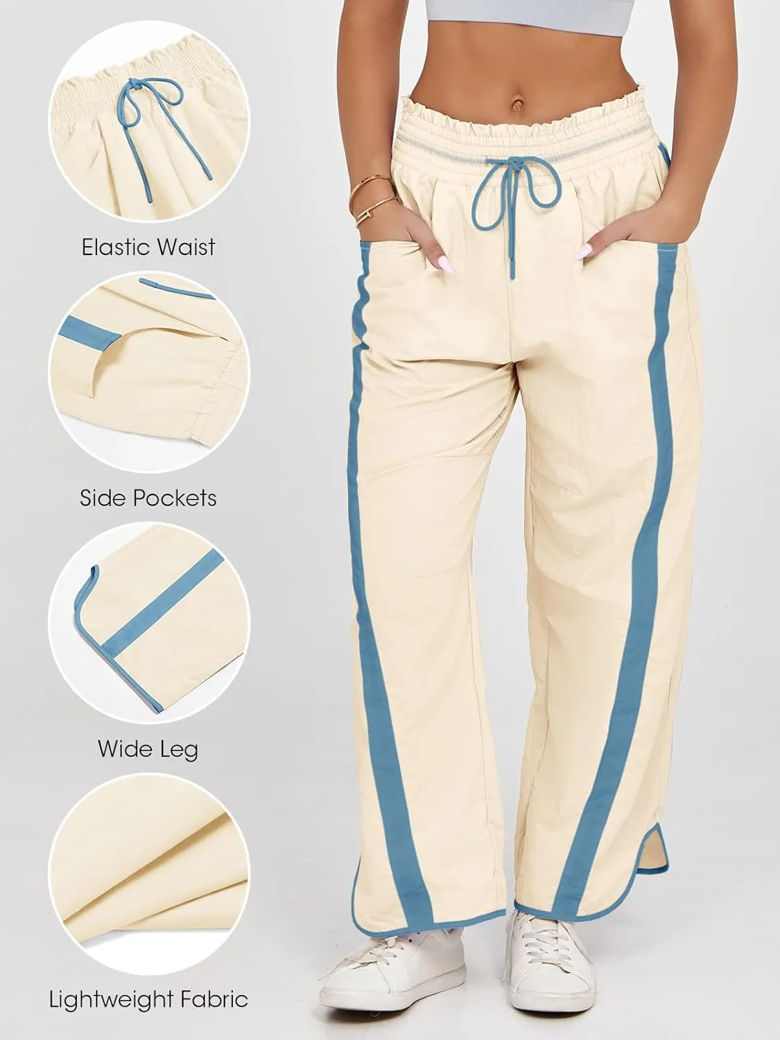 Fisoew Women's Baggy Wide Leg Pants Casual Drawstring Elastic Waisted Contrast Color Workout Y2K Track Pants