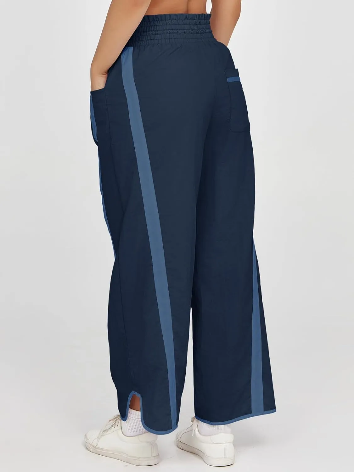 Fisoew Women's Baggy Wide Leg Pants Casual Drawstring Elastic Waisted Contrast Color Workout Y2K Track Pants