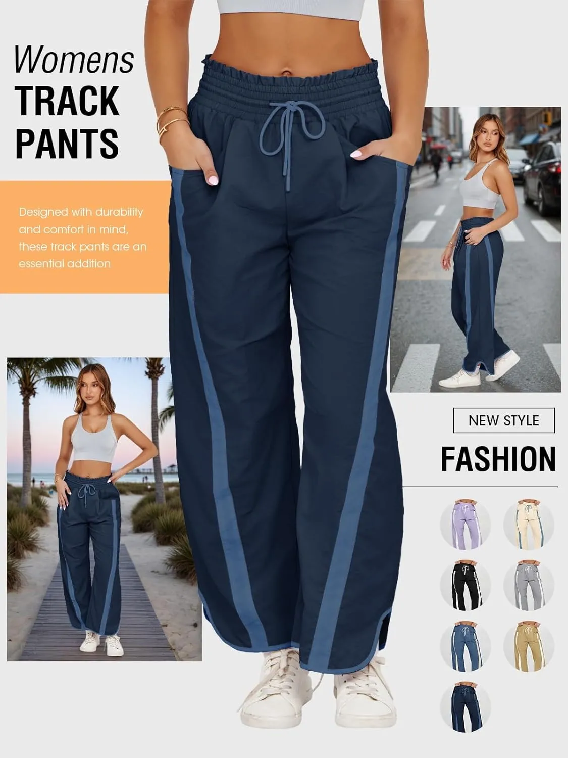 Fisoew Women's Baggy Wide Leg Pants Casual Drawstring Elastic Waisted Contrast Color Workout Y2K Track Pants