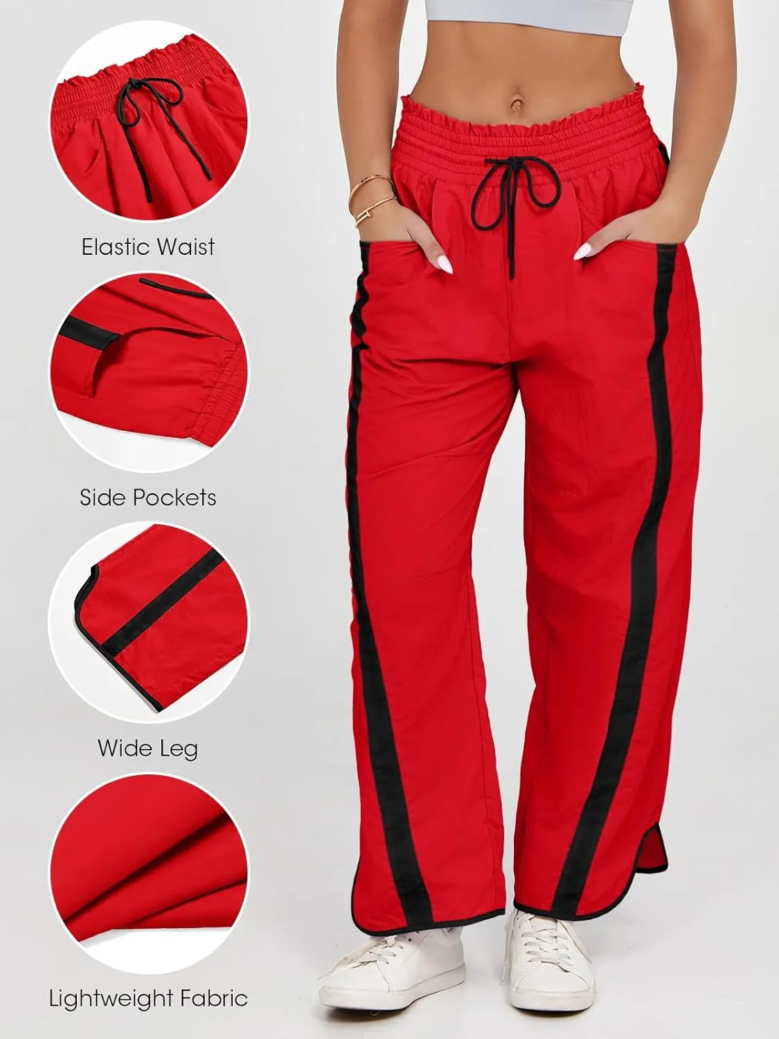 Fisoew Women's Baggy Wide Leg Pants Casual Drawstring Elastic Waisted Contrast Color Workout Y2K Track Pants