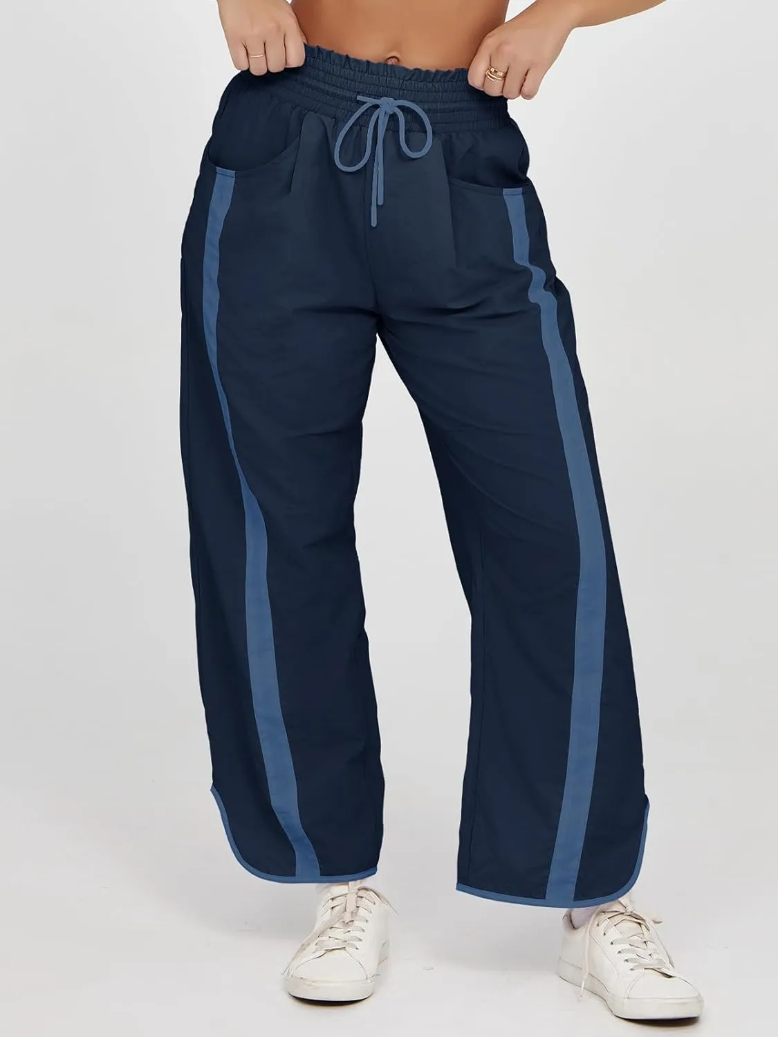 Fisoew Women's Baggy Wide Leg Pants Casual Drawstring Elastic Waisted Contrast Color Workout Y2K Track Pants