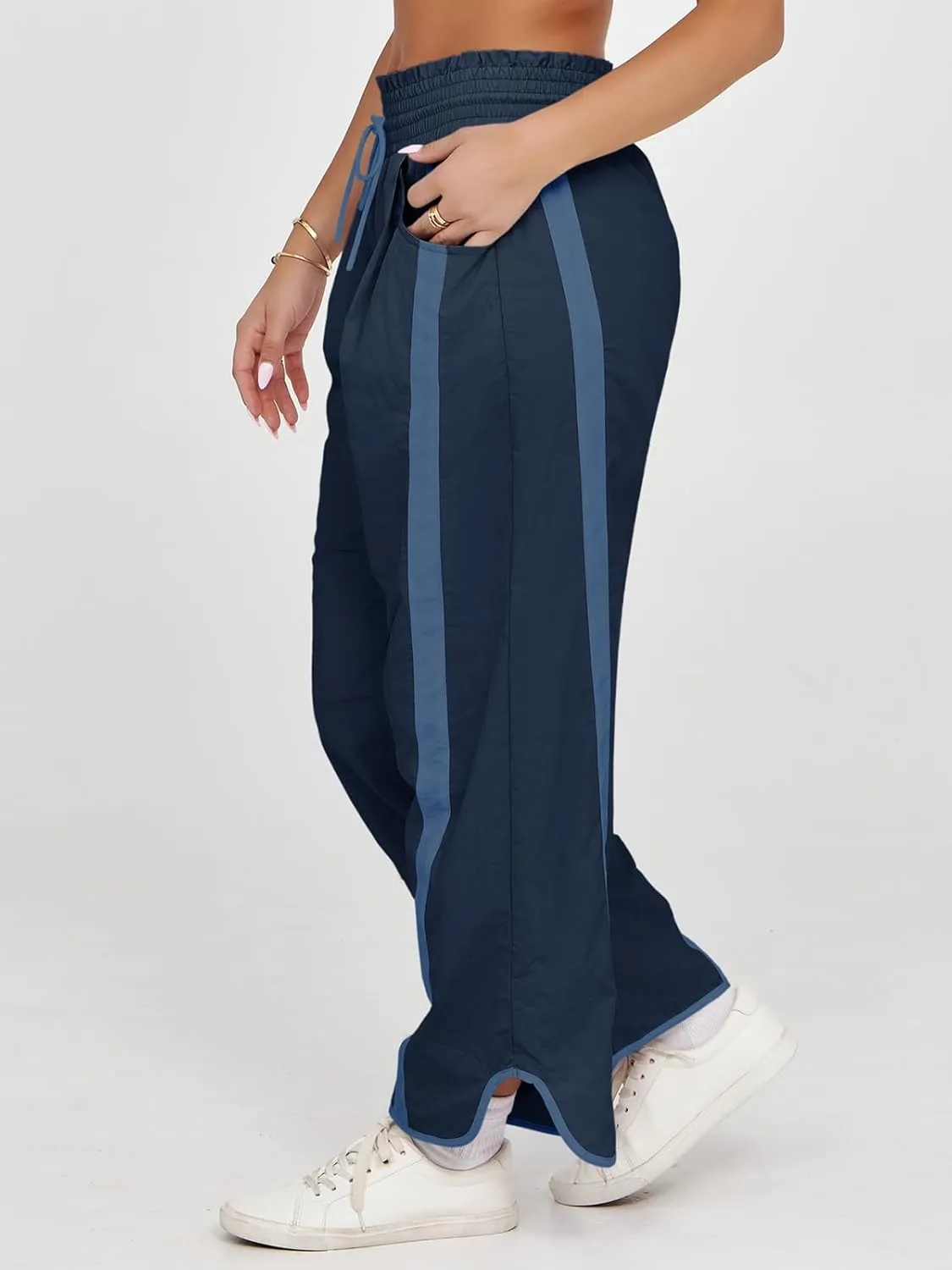 Fisoew Women's Baggy Wide Leg Pants Casual Drawstring Elastic Waisted Contrast Color Workout Y2K Track Pants