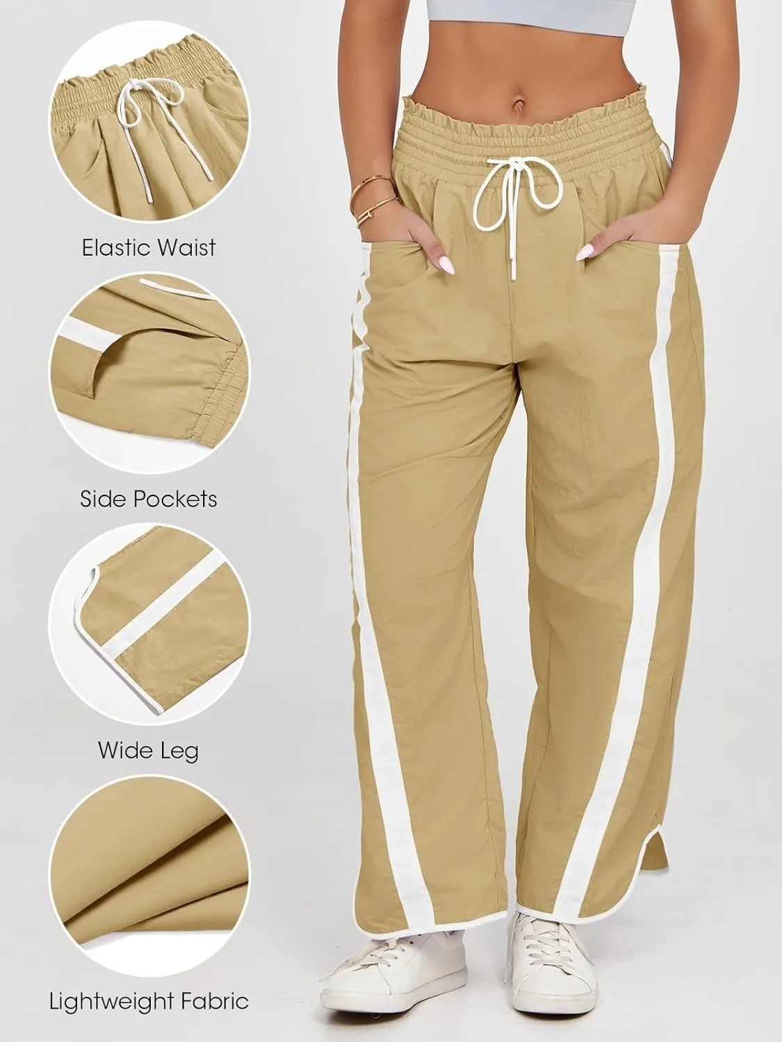 Fisoew Women's Baggy Wide Leg Pants Casual Drawstring Elastic Waisted Contrast Color Workout Y2K Track Pants