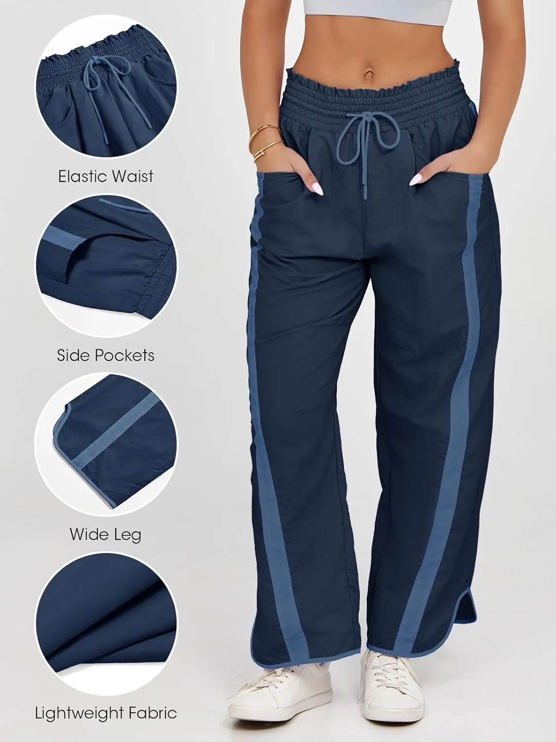 Fisoew Women's Baggy Wide Leg Pants Casual Drawstring Elastic Waisted Contrast Color Workout Y2K Track Pants