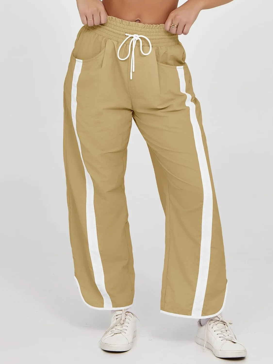 Fisoew Women's Baggy Wide Leg Pants Casual Drawstring Elastic Waisted Contrast Color Workout Y2K Track Pants