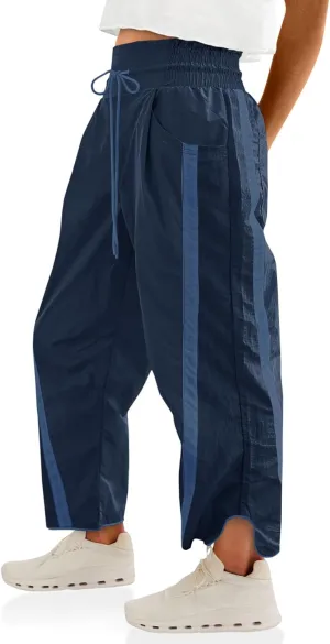Fisoew Women's Baggy Wide Leg Pants Casual Drawstring Elastic Waisted Contrast Color Workout Y2K Track Pants